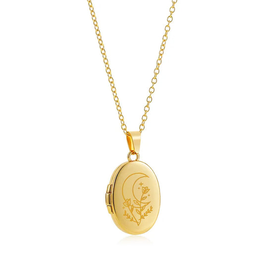 Gold Moon & Flower Locket Necklace