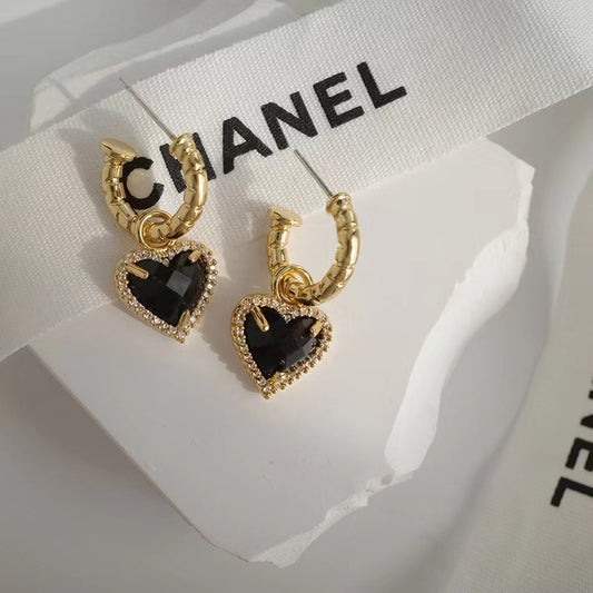 Gold Black Heart Drop Earrings