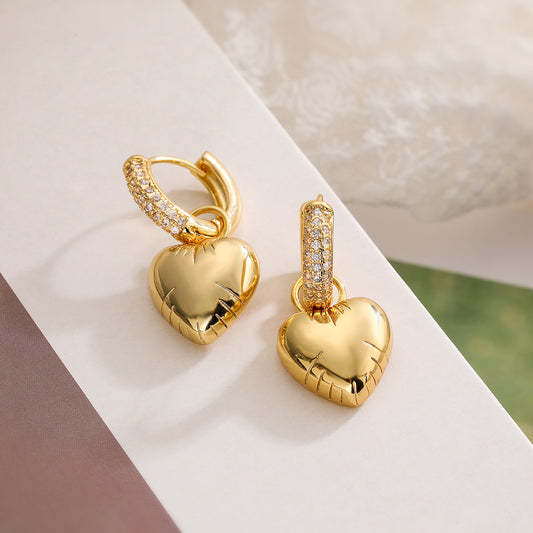 Heart Drop Earrings – 18K Plated with Zircon Detail